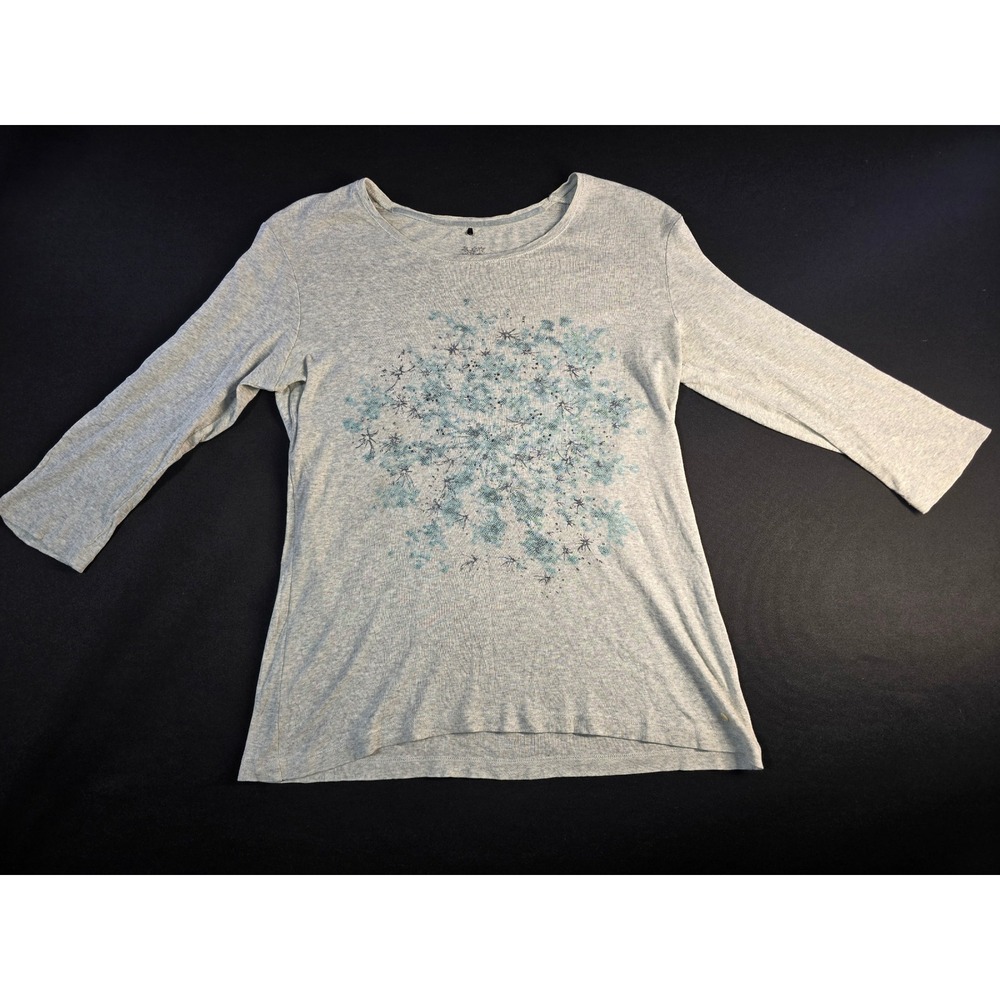 Olsen Womens Grey Heathered Floral Graphic Scoop Neck 3/4 Sleeve Top Size 10